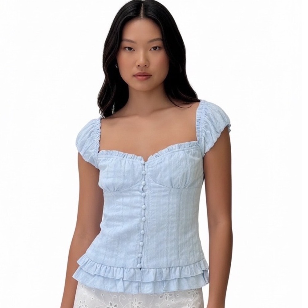 Princess Polly Light Blue Suiter Puff Sleeve Sweetheart Ruffle Top Size US 4
